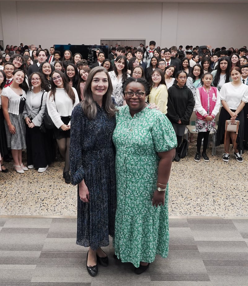 Sister Tracy Y. Browning and Sister Andrea Muñoz Spannaus hold a Face to Face devotional with youth in Medellin, Colombia, Sunday, Sept. 14, 2025.