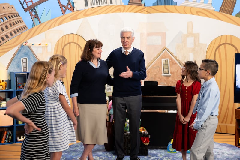 Elder Gérald Caussé and Sister Valérie Caussé speak to children during the September 2026 Friend to Friend broadcast.