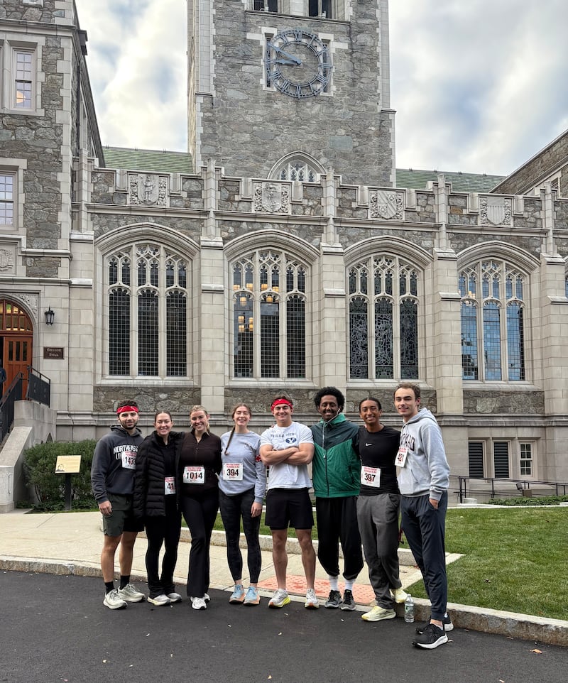 Members of the Mount Auburn YSA Ward take part in the Welles Crowther Red Bandanna 5k on the campus of Boston College in Cambridge, Massachusetts, Oct. 25, 2025.