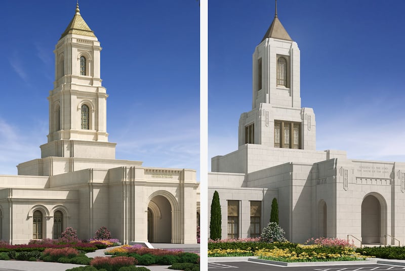Architectural renderings of the Cody Wyoming Temple, left, and Wichita Kansas Temple, right.