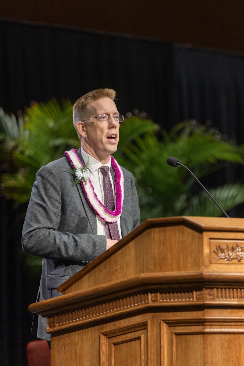 Luke Nichols speaks during a BYU–Hawaii devotional in Laie, Hawaii, on Tuesday, Sept. 29, 2026.