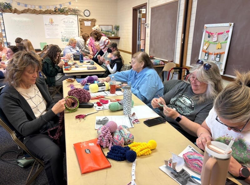 Members of the Reno Nevada Stake crochet octopuses and other baby items for Close Knit Friends to donate to preemie babies at local NICUs in February 2025 in Reno, Nevada.