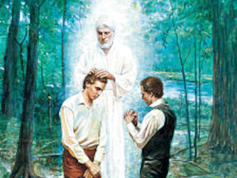 Del Parson painting depicts the resurrected John the Baptist conferring the Aaronic Priesthood on th
