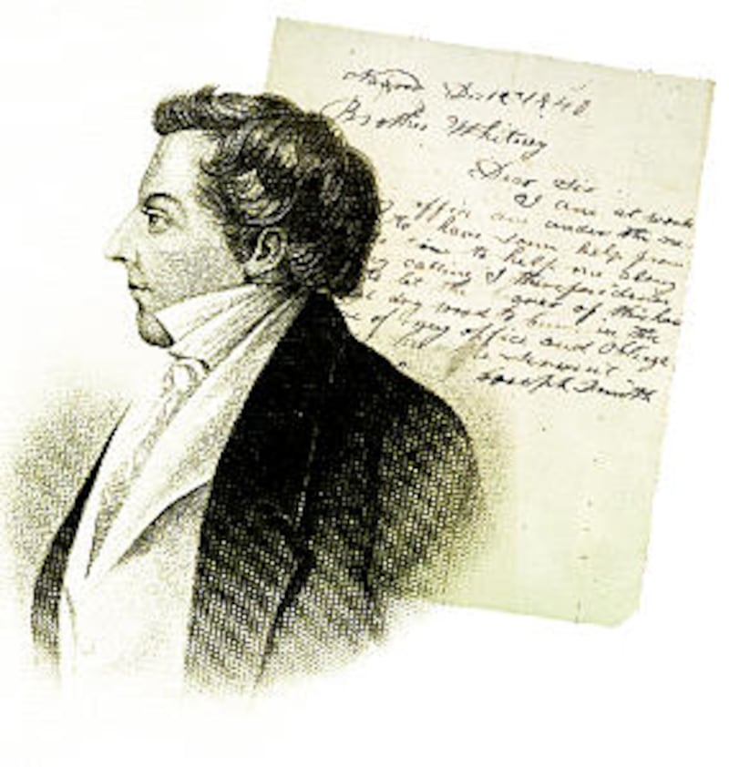 H.B. Hall portrait from 1878 depicts the Prophet Joseph Smith. At right, letter in Prophet's own han