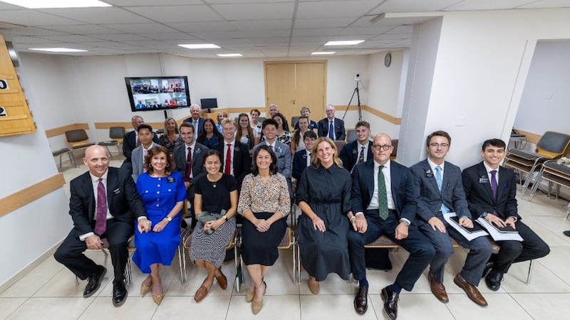 Missionaries from the Greece Athens Mission gather in person and online with Sister Kristin M. Yee, second counselor in the Relief Society general presidency, during a meeting in Larnaca, Cyprus, on Sept. 2, 2026.