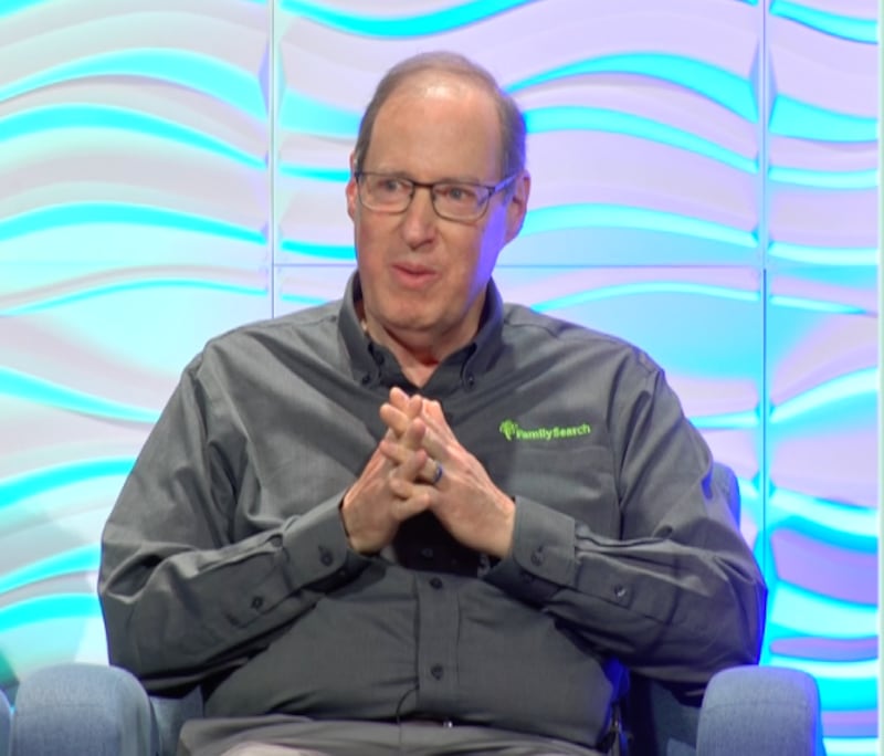 David Ouimette speaks on the guidelines for using AI responsibly in genealogy at RootsTech 2026 in Salt Lake City.