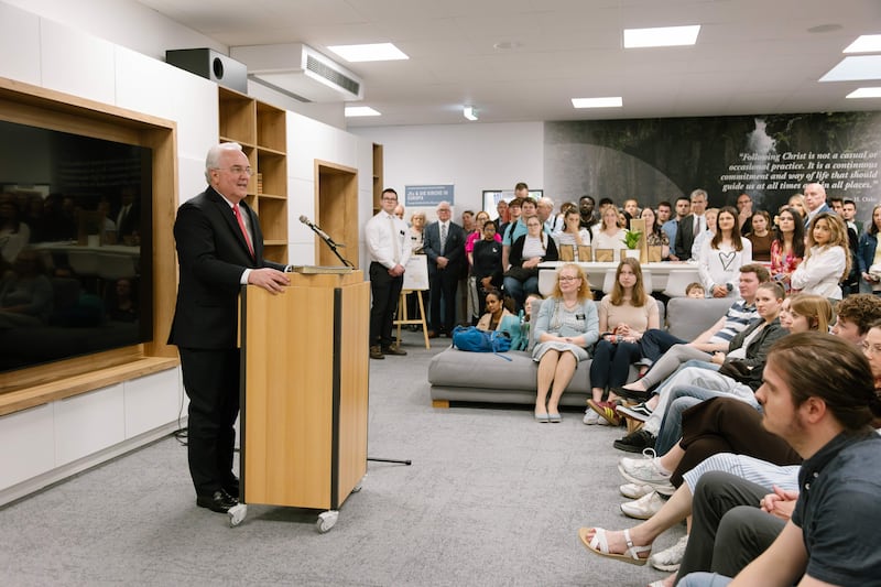 Elder Jack N. Gerard prepares to dedicate the Frankfurt Institute of Religion in Frankfurt, Germany, April 18, 2026.