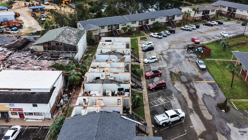 An apartment complex which had its roof ripped off is seen in the aftermath of Hurricane Isaias in Milton, Florida, Saturday, Oct. 10, 2026.