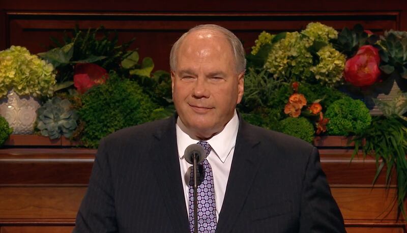 Elder Ronald A. Rasband of the Quorum of the Twelve Apostles gives his address during the Sunday aft