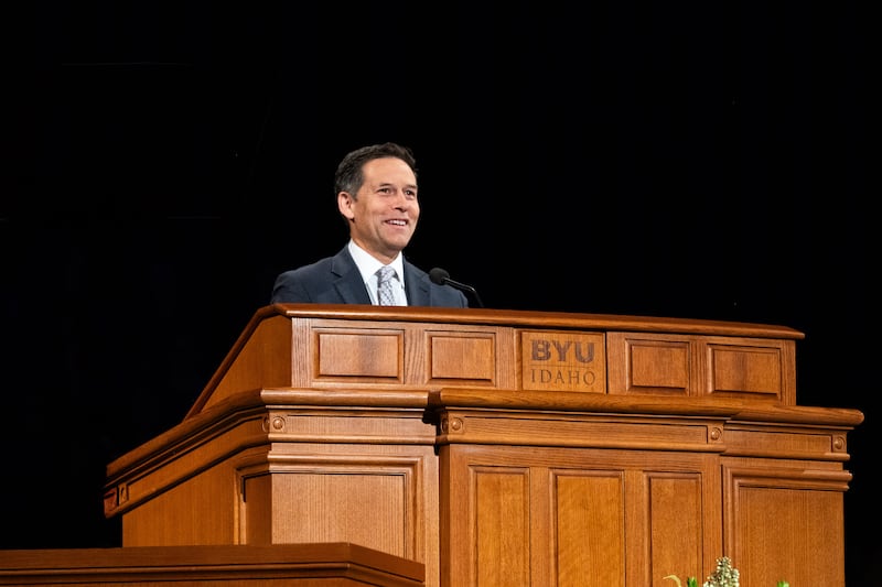 Elder B Corey Cuvelier, a General Authority Seventy, speaks during a BYU–Idaho devotional held in the I–Center in Rexburg, Idaho, on Tuesday, May 19, 2026.