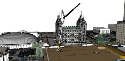 An artist’s rendering depicts a crane placed on the south side of the Salt Lake Temple on Thursday, April 2, 2020, to begin to remove stones displaced in last month’s earthquake as part of the temple renovation.