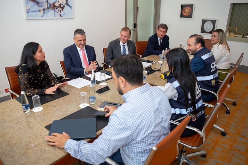 Elder Gary E. Stevenson of the Quorum of the Twelve Apostles, top row, third from left; and Elder Juan Pablo Villar, a General Authority Seventy, top row, second from left; meet with Alejandro Eder, mayor of Cali, Colombia, bottom row, second from right; and his team, on Monday, Aug. 24, 2026.