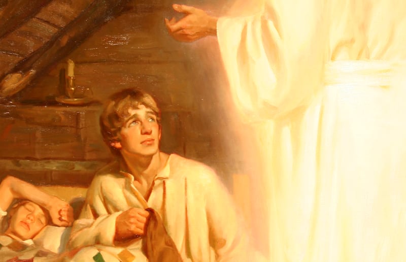 Joseph Smith being visited by the angel Moroni in his bedroom.