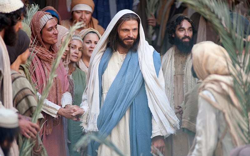 Jesus Christ's triumphant return to Jerusalem is depicted in this image from the Latter-day Saint Bible Videos.
