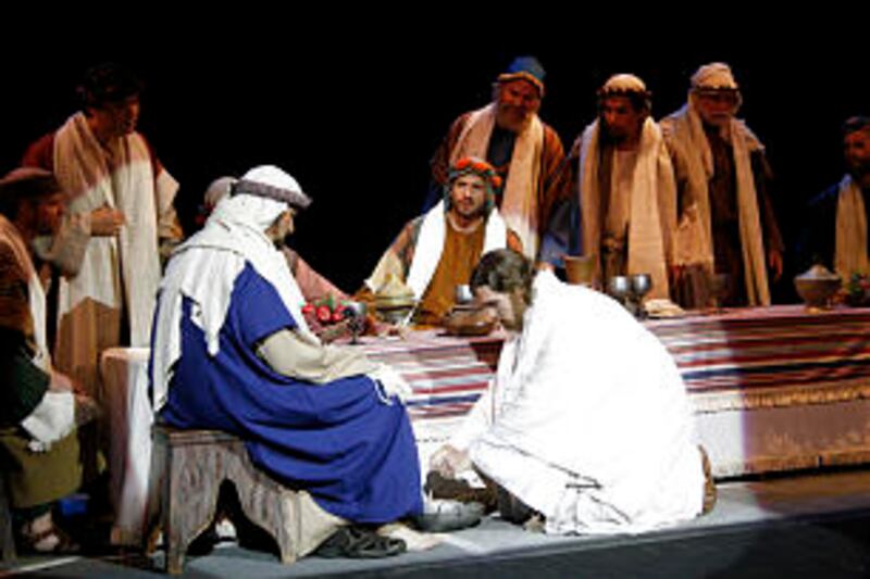A scene in the Mesa Arizona Easter Pageant portrays the "Last Supper," in which Jesus prepares to wa