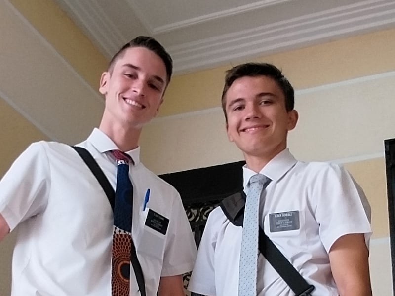 Two missionaries take a picture in Brazzaville, Republic of the Congo.