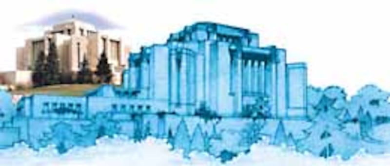 An exhibit photo and competition drawing of Cardston Alberta Temple.