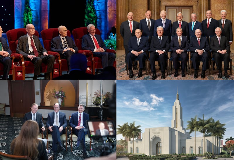 Clockwise from top left: The First Presidency of The Church of Jesus Christ of Latter-day Saints: President Dallin H. Oaks, center; President Henry B. Eyring, first counselor, left; and President D. Todd Christofferson, second counselor, right, take part in the First Presidency's Christmas Devotional broadcast on Sunday, Dec. 7, 2025. President Jeffrey R. Holland, president of the Quorum of the Twelve Apostles, is on the far left; The official portrait of the Quorum of the Twelve Apostles taken on Dec. 5, 2025. Front row, left to right: President Jeffrey R. Holland, Elder Dieter F. Uchtdorf, Elder David A. Bednar, Elder Quentin L. Cook and Elder Neil L. Andersen. Back row, left to right: Elder Ronald A. Rasband, Elder Gary E. Stevenson, Elder Dale G. Renlund, Elder Gerrit W. Gong, Elder Ulisses Soares, Elder Patrick Kearon and Elder Gérald Caussé; Exterior rendering of the João Pessoa Brazil Temple; The Presiding Bishopric of The Church of Jesus Christ of Latter-day Saints — Presiding Bishop W. Christopher Waddell, center; Bishop L. Todd Budge, first counselor, left; and Bishop Sean Douglas, second counselor, right; speak with Church News reporter Mary Richards during a taping of the Church News podcast at the Joseph Smith Memorial Building in Salt Lake City on Thursday, Nov. 20, 2025.