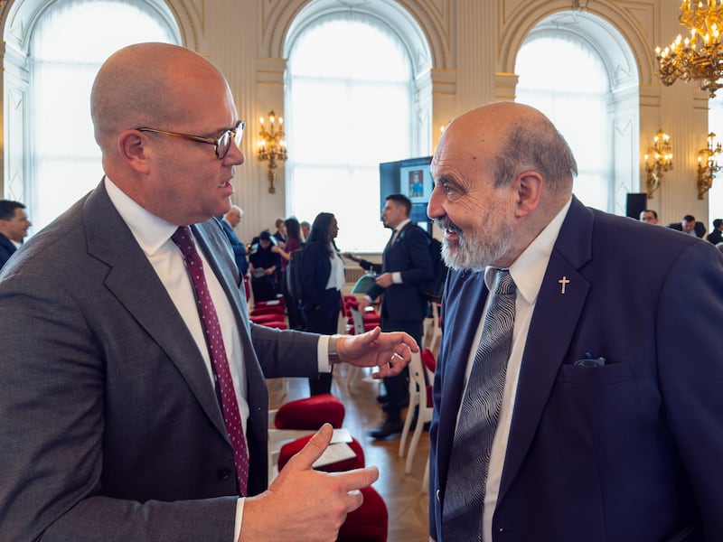 Elder James W. McConkie of the Europe Central Area presidency, left, converses with Professor Tomás Halík, a distinguished Czech theologian, philosopher and Templeton Prize laureate, on Nov. 12, 2025, at Prague Castle in Prague, Czech Republic.