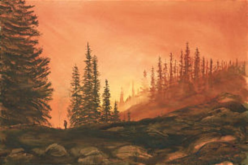 "Campfire at Sunset" conveys peace and comfort through obedience to the teachings of the Savior.