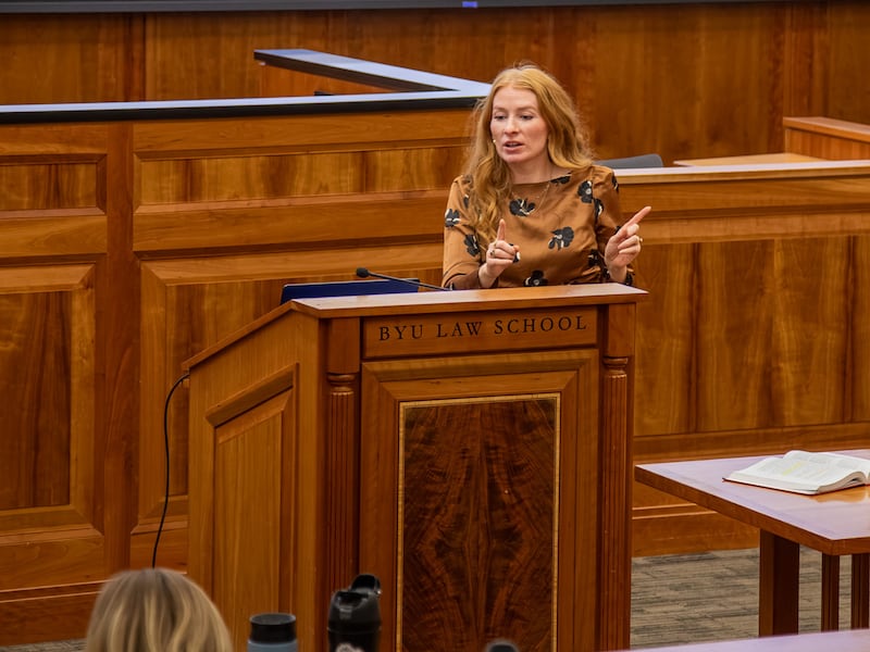 Kelsey Baer Flores teaches a class at BYU Law School on Tuesday, Oct. 27, 2026. Baer Flores will lead BYU's new Religious Liberty Clinic launching this winter.