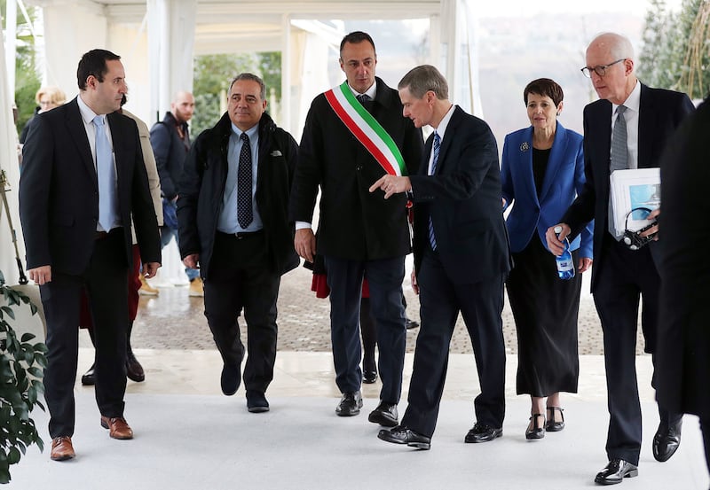 Elder David A. Bednar of the Quorum of the Twelve Apostles leads a tour during the Rome Italy Temple open house on Monday, Jan. 14, 2019. Third from left is President President Marcello De Vito, president of the Rome City Council. Second from left is President Giovanni Caudo, president of the Third Municipality of Rome.