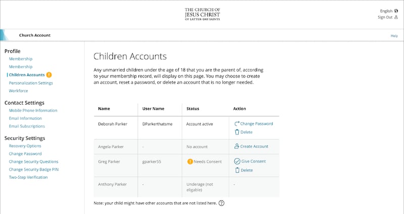 A new feature lets parents manage the Church accounts of children under 18 that live in their household, including changing the child’s password.