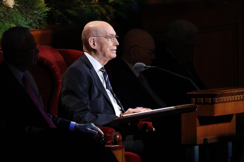 President Henry B. Eyring, first counselor in the First Presidency, speaks during the Saturday morning session of the 196th Annual General Conference of The Church of Jesus Christ of Latter-day Saints in the Conference Center in Salt Lake City on April 4, 2026.