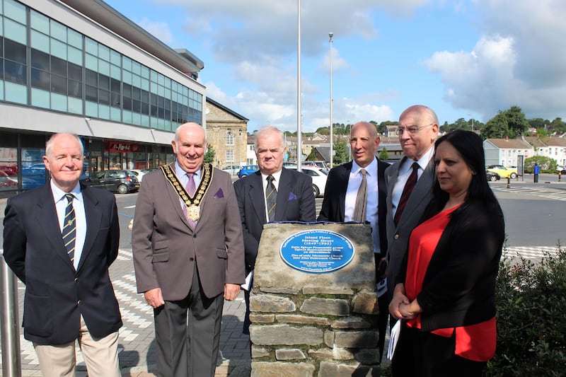 Left to right: A representative from Llanelli Community Heritage; the Chair of the Carmathenshire County Council, Councilor Mansel Charles, Plaid Cymru of Llanegwad; a representative from Llanelli Community Heritage; Counselor W.E. Skinner, Labour, Bigyn Ward of Llanelli; Dr. Ronald Dennis; and Counselor Ms. S. Najmi J.P., Labour, Lliedi Ward of Llanelli. The group participated in the plaque unveiling on Aug. 25, 2018, in Llanelli, Wales.