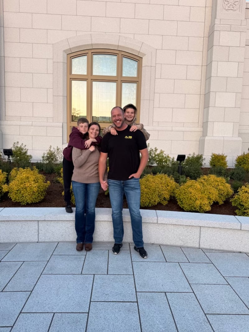 The Bair family of the Springfield Oregon Stake stands in front of the Willamette Valley Oregon Temple.