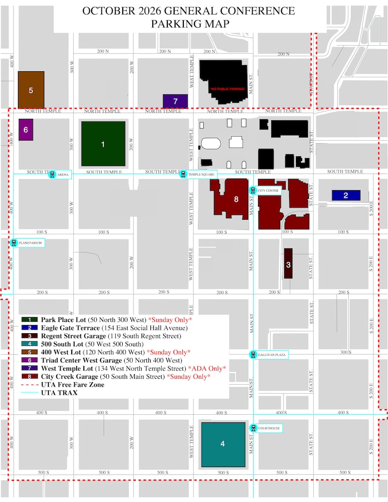 A map shows available parking in downtown Salt Lake City for the October 2026 general conference, Oct. 3-4, 2026.