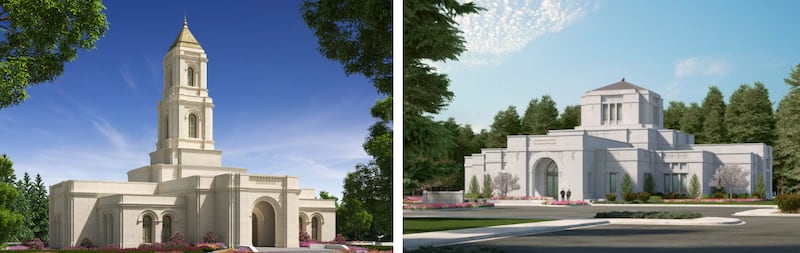 From left to right: An architectural rendering of the Cody Wyoming Temple; Exterior rendering of the reconstructed and enlarged Anchorage Alaska Temple.