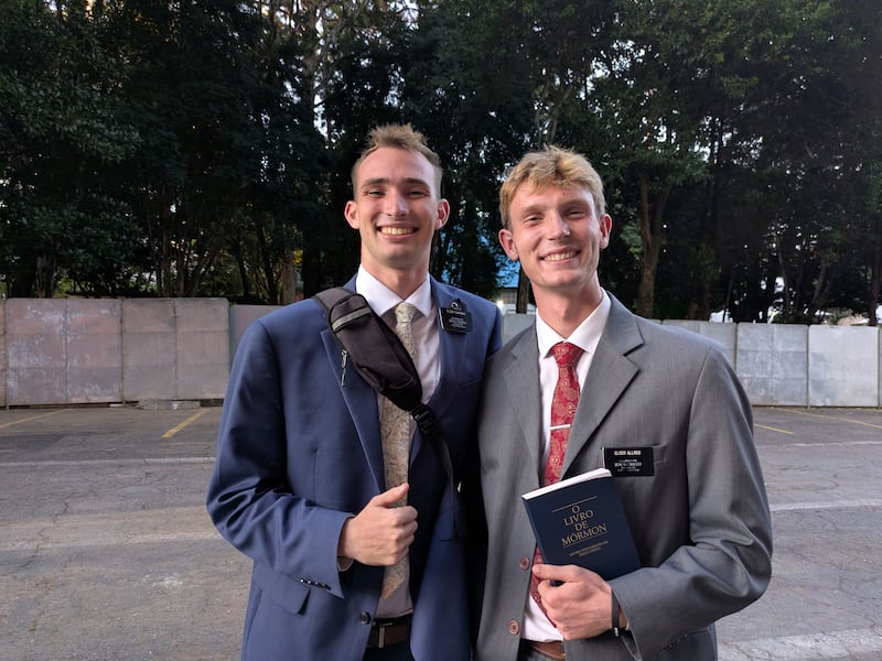 Two missionaries smile for a photo after The Tabernacle Choir and Orchestra at Temple Square's performance at the Ginásio do Ibirapuera as part of the "Songs of Hope" tour in São Paulo, Brazil, Sunday, March 1, 2026.