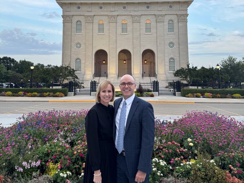 Sister Amy A. Wright, first counselor in the Primary general presidency, and her husband, Brother James Wright, stand outside the Nauvoo Illinois Temple on Sept. 18, 2025, in Nauvoo, Illinois.