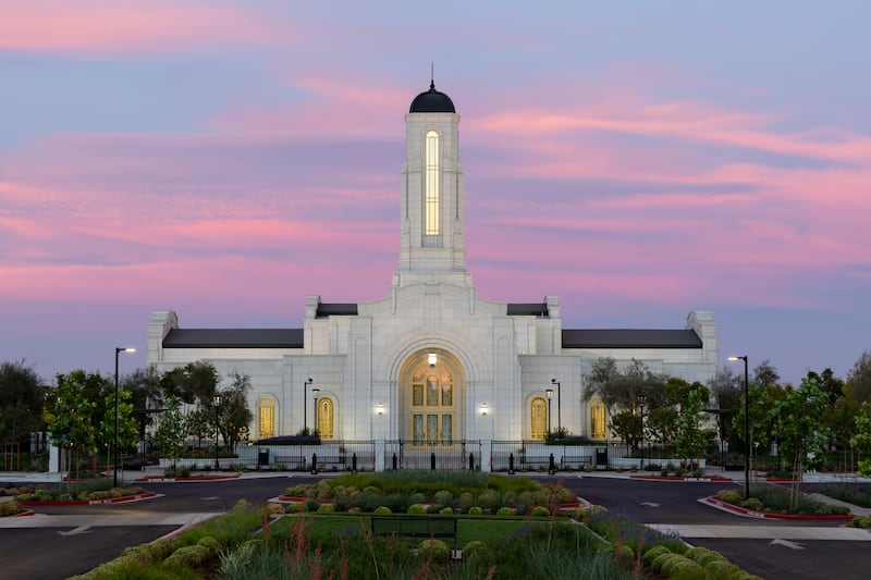 The Modesto California Temple at dusk.