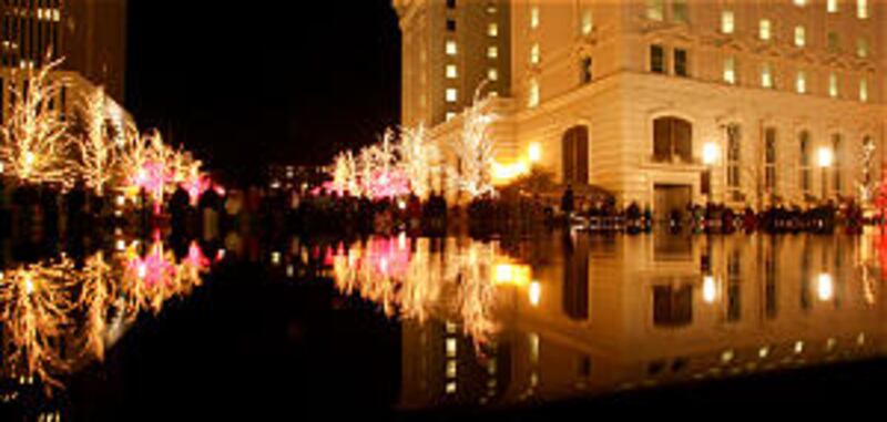 Visitors gets their first look at the lights on Temple Square after they were turned on as part of a
