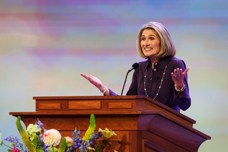 President Camille N. Johnson, Relief Society general president, speaks during her keynote as part of BYU Women's Conference held at the Marriott Center in Provo, Utah, on Thursday, April 30, 2026.