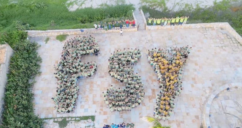 Youth, counselors and leaders form the letters FSY at a For the Strength of Youth conference in Fortaleza, Brazil, on Feb. 17, 2026.