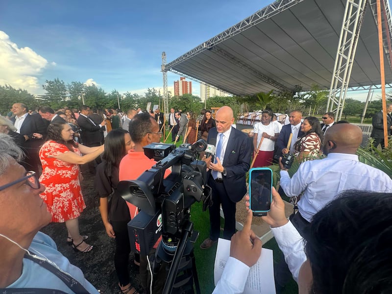 Media representatives talk with Elder Ciro Schmeil — a General Authority Seventy and first counselor in the Brazil Area presidency — after the groundbreaking ceremony of the Teresina Brazil Temple on Saturday, April 18, 2026, in Teresina, Brazil.