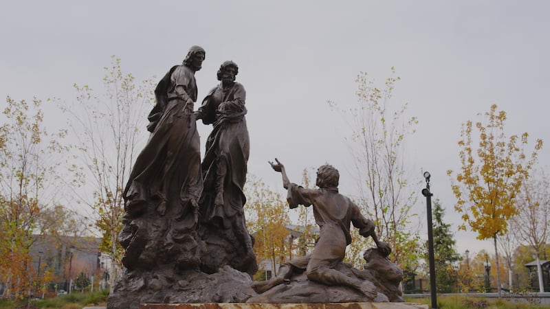 The First Vision statue on Temple Square on Friday, Nov. 22, 2024. It is the first of 14 new sculptures planned for Temple Square.