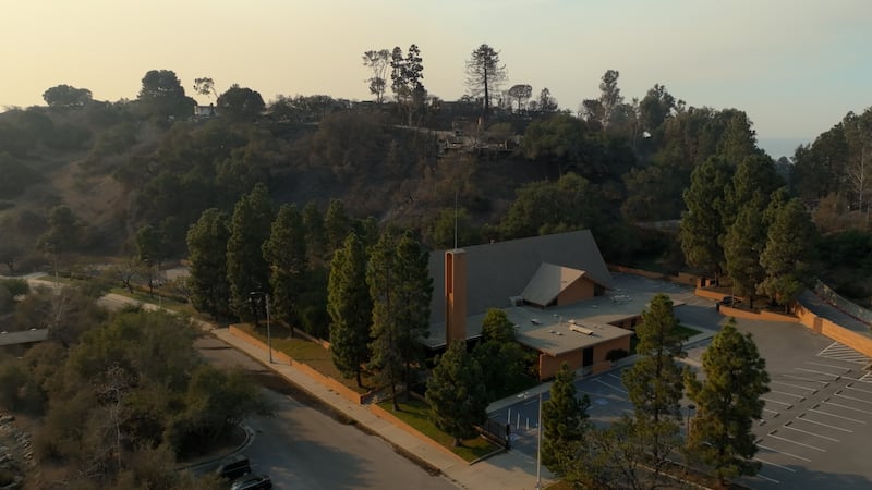 The Pacific Palisades Ward meetinghouse of The Church of Jesus Christ of Latter-day Saints after the Palisades Fire in Southern California on Jan. 8, 2025.
