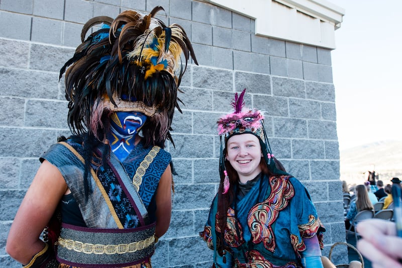 Cody Alder, left, and Anna Johnson before the pre-show devotional. Alder plays Zerahemnah in this year’s production of the Mormon Miracle Pageant in Manti, Utah, in June 2018.