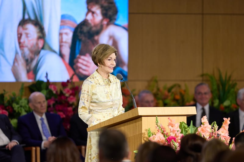 Sister Kristen Oaks, wife of Church President Dallin H. Oaks, shared her testimony at the New Missionary Leadership Seminar on Saturday, June 20, 2026, at the Provo Missionary Training Center in Provo, Utah.