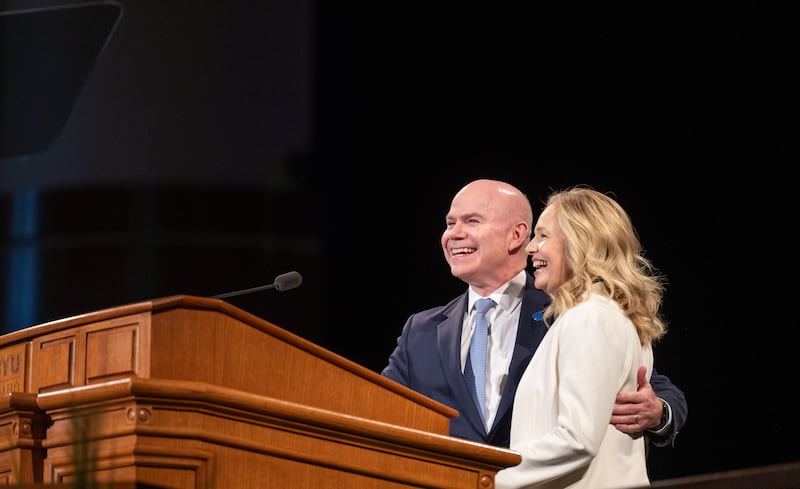 Brigham Young University–Idaho President Alvin F. Meredith III and his wife, Sister Jennifer Meredith, speak in a campus devotional on Tuesday, April 21, 2026, in Rexburg, Idaho.