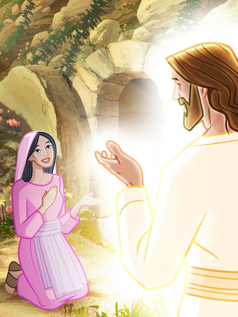 This image from the illustrated “New Testament Stories” shows the resurrected Savior appearing to Mary Magdalene.