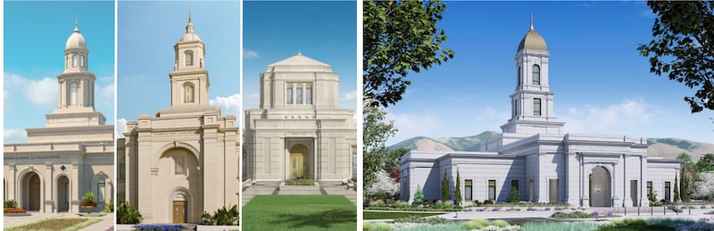 Architectural renderings of, from left, the Managua Nicaragua Temple, the Miraflores Guatemala City Guatemala Temple and the Belo Horizonte Brazil Temple; An exterior rendering of the Missoula Montana Temple.