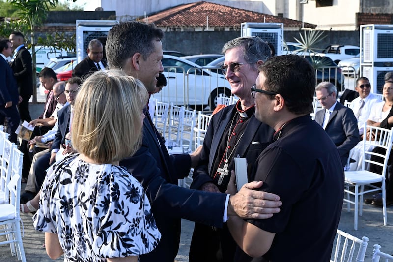 Elder B. Corey Cuvelier of the Brazil Area presidency and his wife, Sister Wendi Cuvelier, greet guests at the groundbreaking ceremony for the Maceió Brazil Temple.