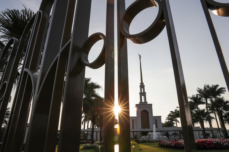 The LDS Church's São Paulo Temple is seen at sunset in São Paulo, Brazil on Wednesday, May 23, 2018.