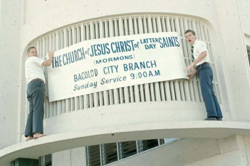 The missionaries hung a banner in a rented meeting hall in the Correa Building on the corner of Araneta and Rosario streets. This building was one of the places where Latter-day Saints met for sacrament meeting in Bacolod, Philippines, in the 1970s.
