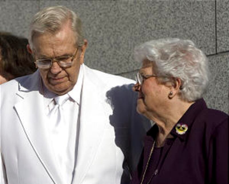 President Boyd K. Packer and his wife Sister Donna Packer during the cornerstone ceremony for the Dr
